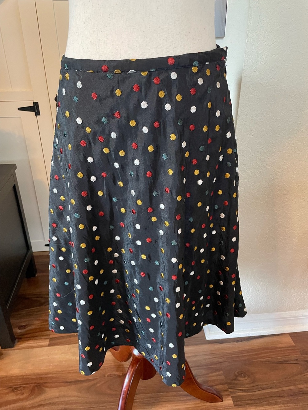 Sundance Black Skater Skirt Embroidered Multicolor Polka Dot Size 12